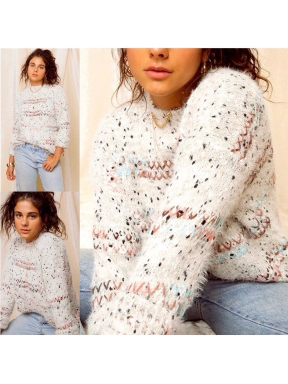 Raga X Anthropologie Faye Fay Mock Neck Sweater Eyelash Knit Speckled Multicolor